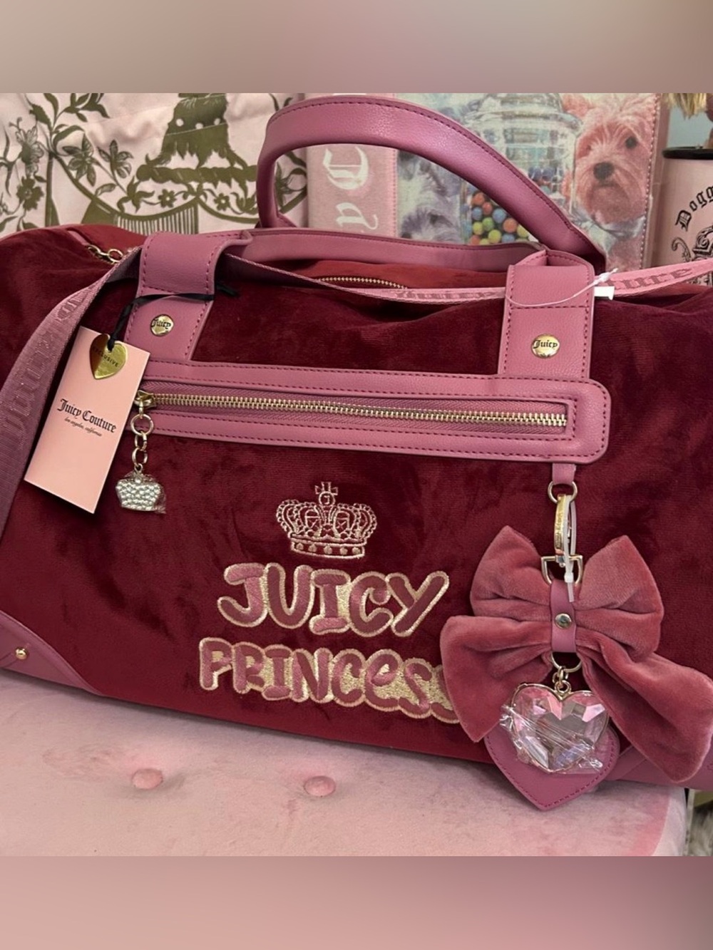 Juicy Couture Burgundy Velvet Tote with Pink Trim & Bow Charm